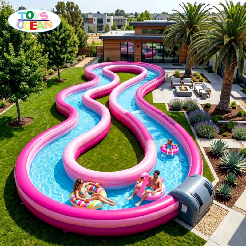 Water Slide Inflatable - Komercyjna dmuchana rzeka leniwa, różowa falista