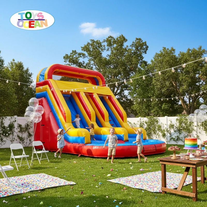 Water Slide Inflatable - Czerwono-żółto-niebieska trzystronna dmuchana zjeżdżalnia wodna |